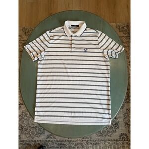 RLX Ralph Lauren Mens Large White Grey Striped Golf Polo Shirt Short Sleeve L